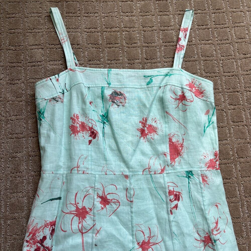 Ann Taylor Linen Dress Women's 14 Light Mint Green Cottage Watercolor Floral NWT - Picture 2 of 7